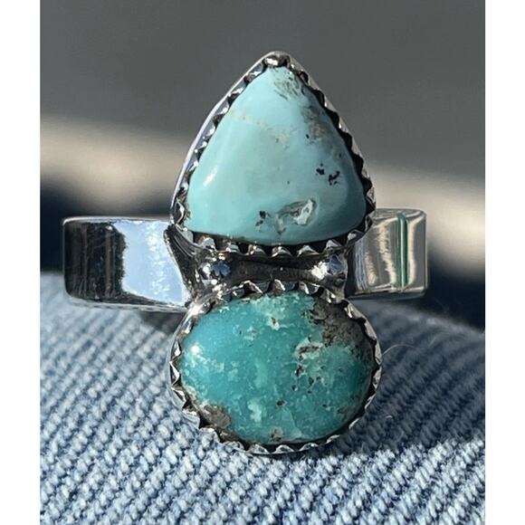 Southwestern Sterling Silver Whitewater Turquoise 2 Stone Adjustable Ring - Picture 1 of 4